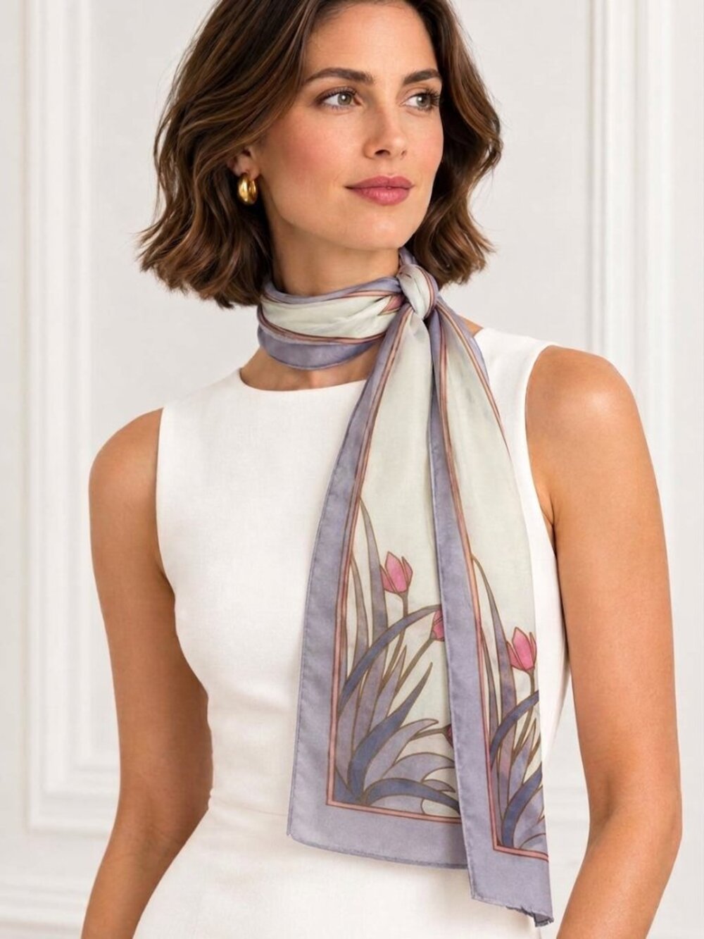 Kriska Made in Japan 100% Silk Art Nouveau Tulip Scarf 8.5" x 43"